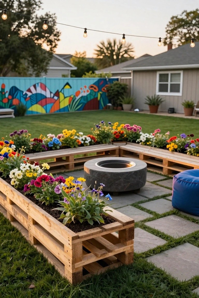 Backyard seating area made from wooden pallets formed into L-shaped benches with integrated planters filled with colorful flowers, surrounding a circular stone fire pit on a paved patio, with string lights overhead and grass nearby.