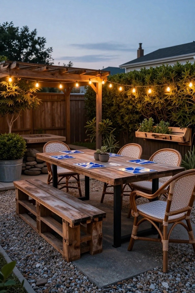 Backyard patio under wooden pergola with string lights, reclaimed wood dining table set with blue plates and placemats, rattan chairs, pallet bench, potted plants, and gravel ground.