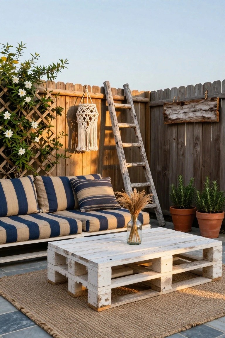 Backyard patio featuring a white wooden pallet coffee table in front of a navy and beige striped outdoor sofa, with potted rosemary plants, a glass vase of wheat stalks, a leaning wooden ladder against a fenced wall, and a hanging macrame lantern.