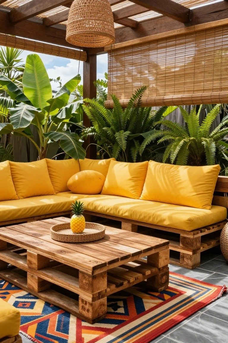 Outdoor seating area featuring an L-shaped yellow cushioned sofa made from pallets, a wooden pallet coffee table with a pineapple in a woven tray, tropical plants, bamboo screens, and a pergola overhead on a tiled patio.