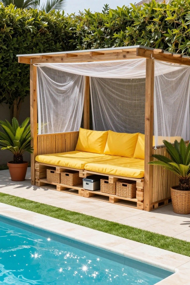 Wooden pergola with white sheer curtains over a yellow-cushioned daybed built from pallets next to a swimming pool, flanked by potted palm plants and surrounded by hedges and grass.