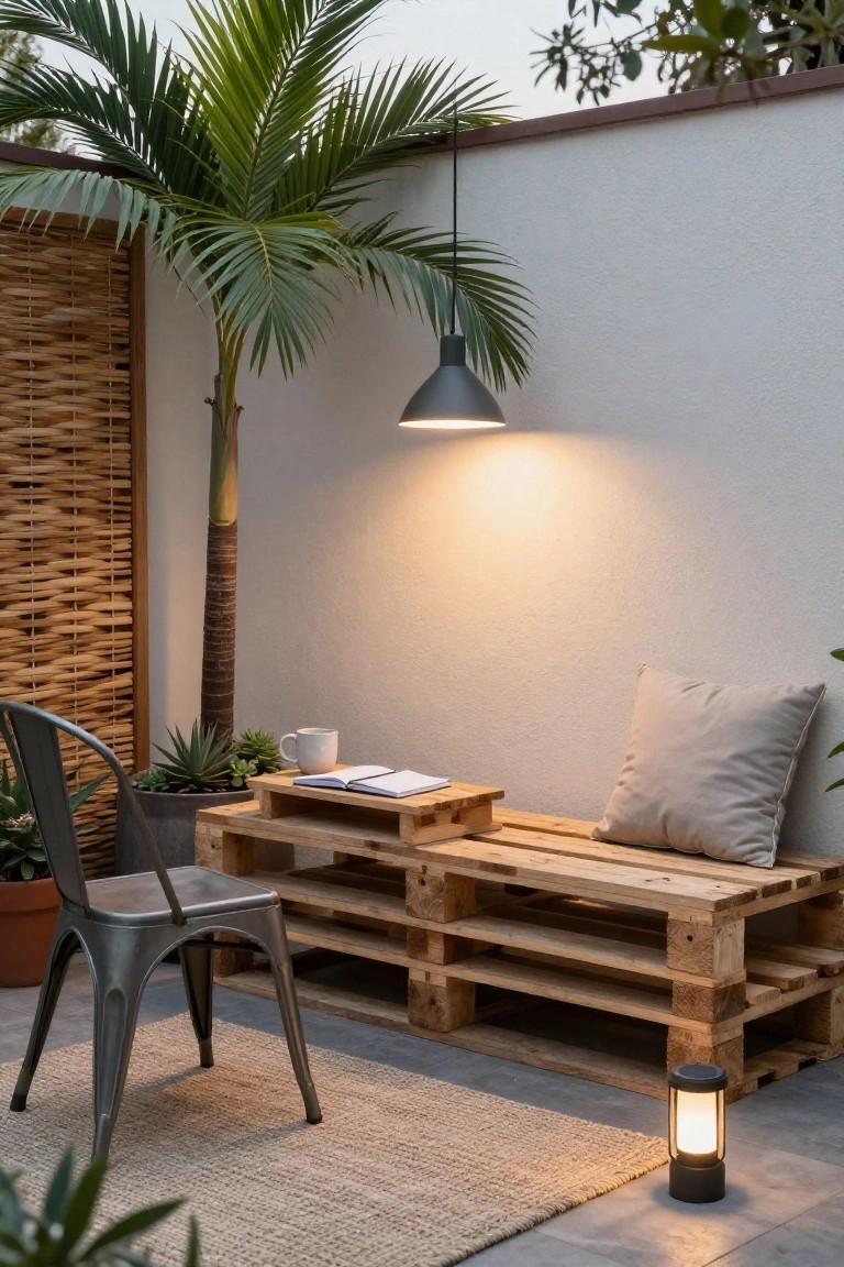 Backyard patio corner with wooden pallet bench topped by gray cushion, small pallet side table holding white mug and open notebook, metal chair, potted succulents and plants, tall palm tree, bamboo screen wall, hanging black pendant light, white floor lamp, and seagrass rug on tiled floor.