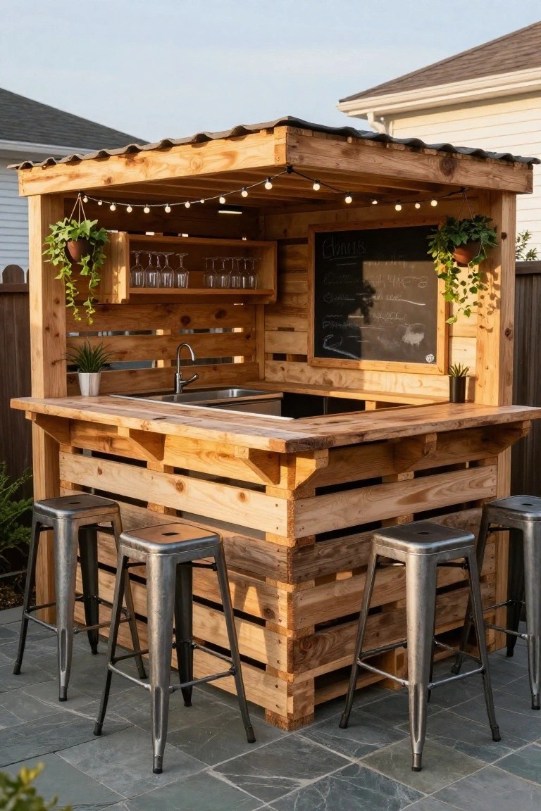 A backyard outdoor bar made from pallet wood with a countertop sink, four metal bar stools, hanging plants, string lights under a sloped roof, and a chalkboard sign.