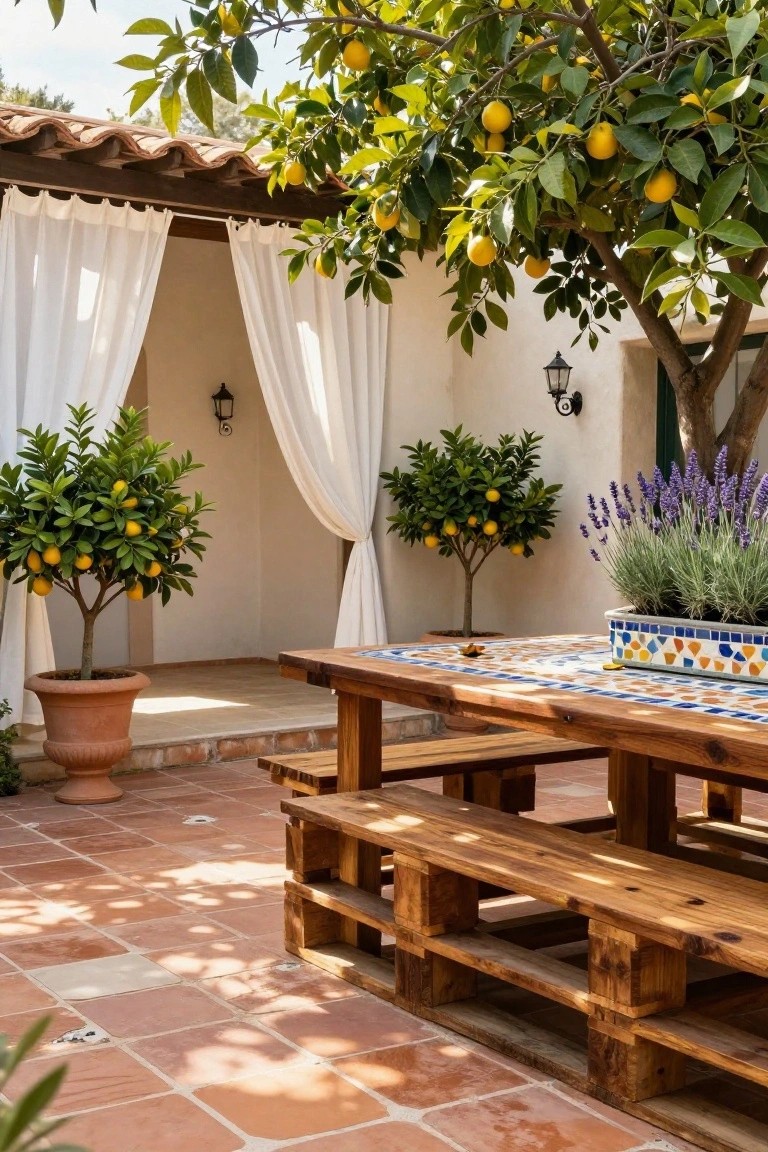 Outdoor patio with wooden table topped in colorful tiles, flanked by benches made from pallets, potted lemon trees, lavender plants, and white curtains on an arched doorway under a large lemon tree.