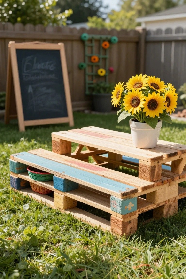 A picnic table and benches made from colorful painted wooden pallets on grass in a backyard, with woven baskets and a potted bouquet of sunflowers on top, a chalkboard easel sign nearby, and a fence in the background.