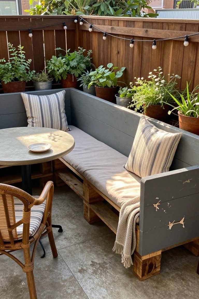 Corner balcony seating with gray wood pallet bench, beige cushions, striped pillows, small round table, wicker chair, potted plants, string lights, and wooden fence.