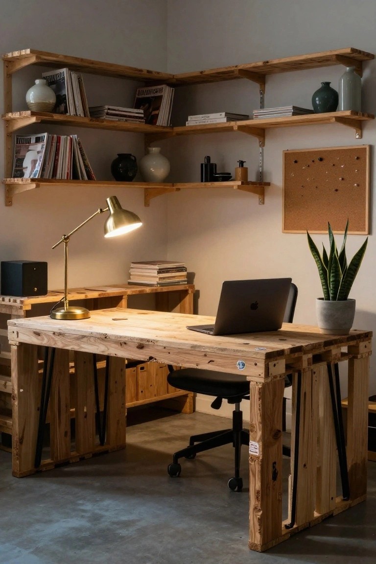 A home office corner with a large desk constructed from wooden pallets, a closed MacBook laptop on top, black office chair, wooden shelves holding books magazines vases and plants, gold desk lamp, and snake plant in a gray pot.