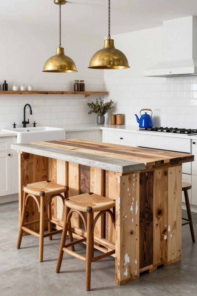 Kitchen with central island made from stacked wood pallets topped by concrete, flanked by rattan stools, white cabinets, farmhouse sink, subway tile backsplash, and brass pendant lights over a concrete floor.
