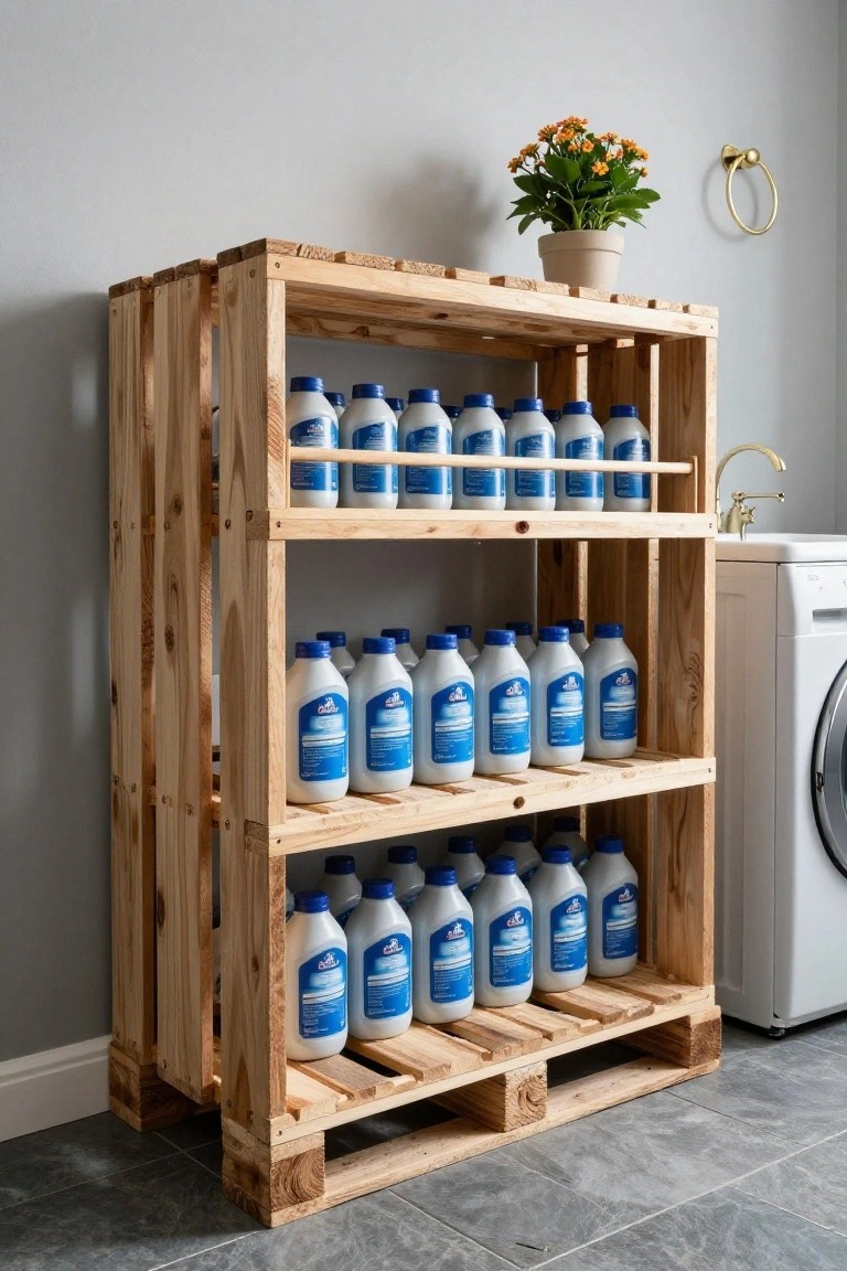 Wooden pallet shelving unit in a laundry room displaying multiple white plastic bottles with blue caps, positioned beside a white washing machine and sink on a tiled floor.