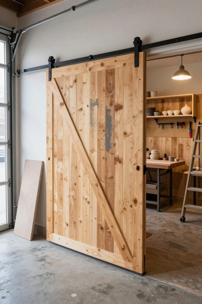 Large open wooden sliding barn door with Z-bracing divides a concrete garage floor from a workshop interior featuring pottery shelves, workbench, ladder, and tools.