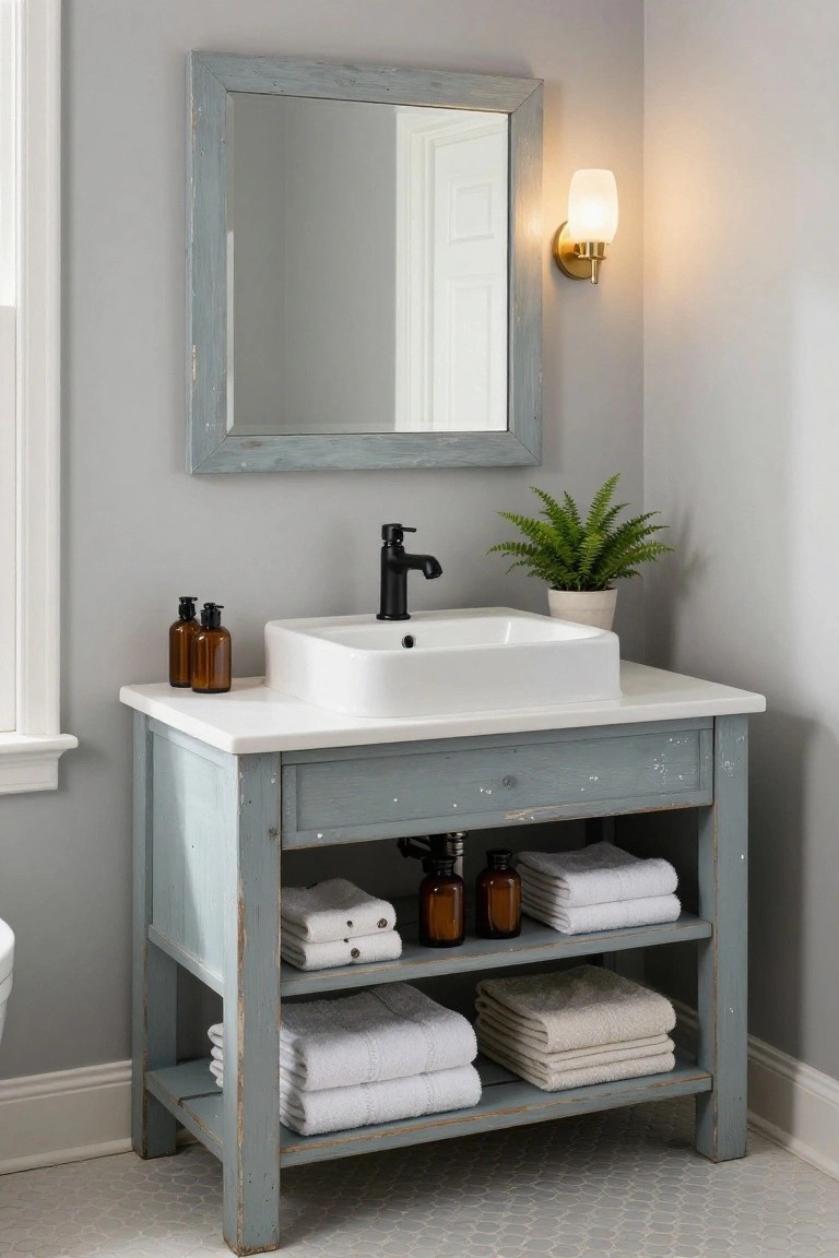 Corner bathroom vanity of distressed light blue painted wood with open lower shelves holding folded white towels and amber glass bottles, topped by white rectangular sink and matte black faucet, potted green fern nearby, light gray walls and white penny tile floor.