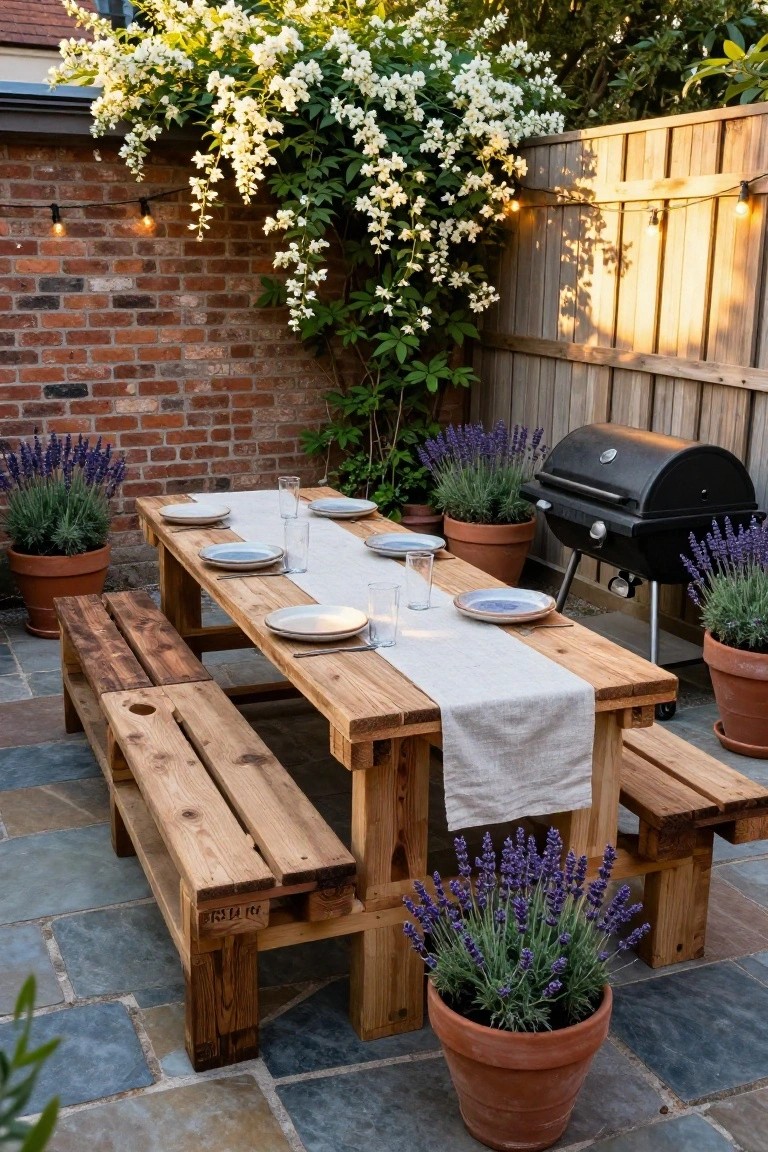 Wooden picnic table and benches made from pallets on a stone patio, set with plates, glasses, and a linen runner, next to a barbecue grill and surrounded by lavender plants in terracotta pots against a brick wall.