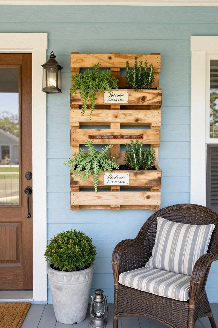 Vertical wooden pallet planter mounted on light blue house siding next to a wood front door, containing potted herbs including rosemary and succulents, with labels reading