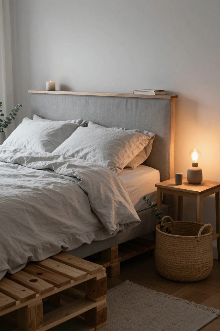 Bedroom interior featuring a low bed platform made from wooden pallets, covered in white linen bedding, with a gray upholstered headboard, wooden side table with ceramic lamp and mug, eucalyptus plants, and a woven basket on the floor.