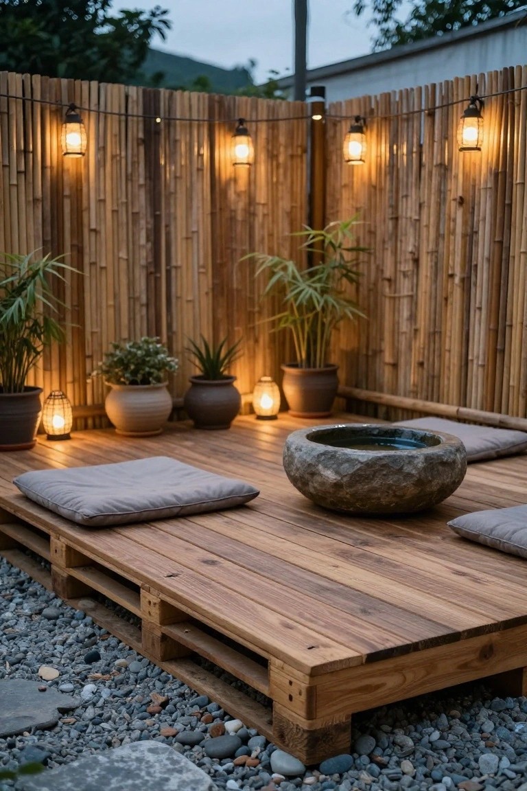 Elevated wooden platform built from pallets with gray floor cushions, a large rough stone basin containing water, potted plants including palms and succulents, bamboo fencing with hanging lanterns, and gravel ground in an outdoor setting.