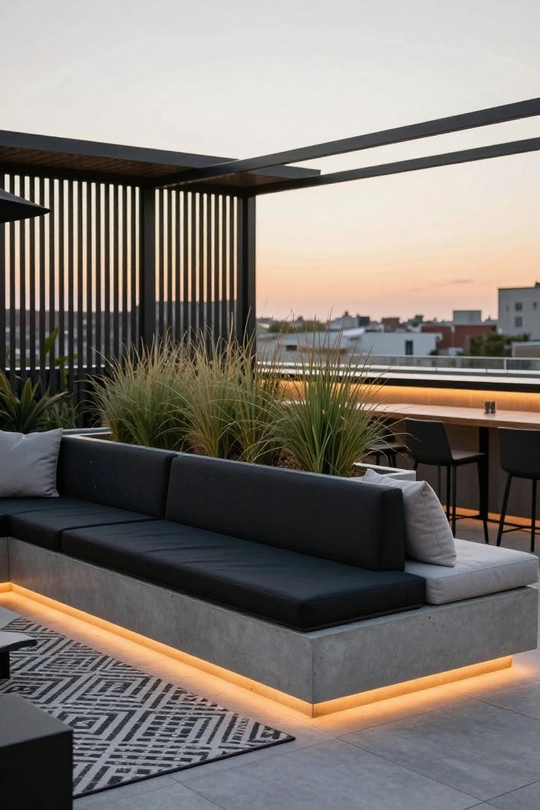 Rooftop terrace with L-shaped black couch built into concrete platform edged with tall grasses and LED strip lighting, wooden bar counter with stools, and city buildings at sunset.