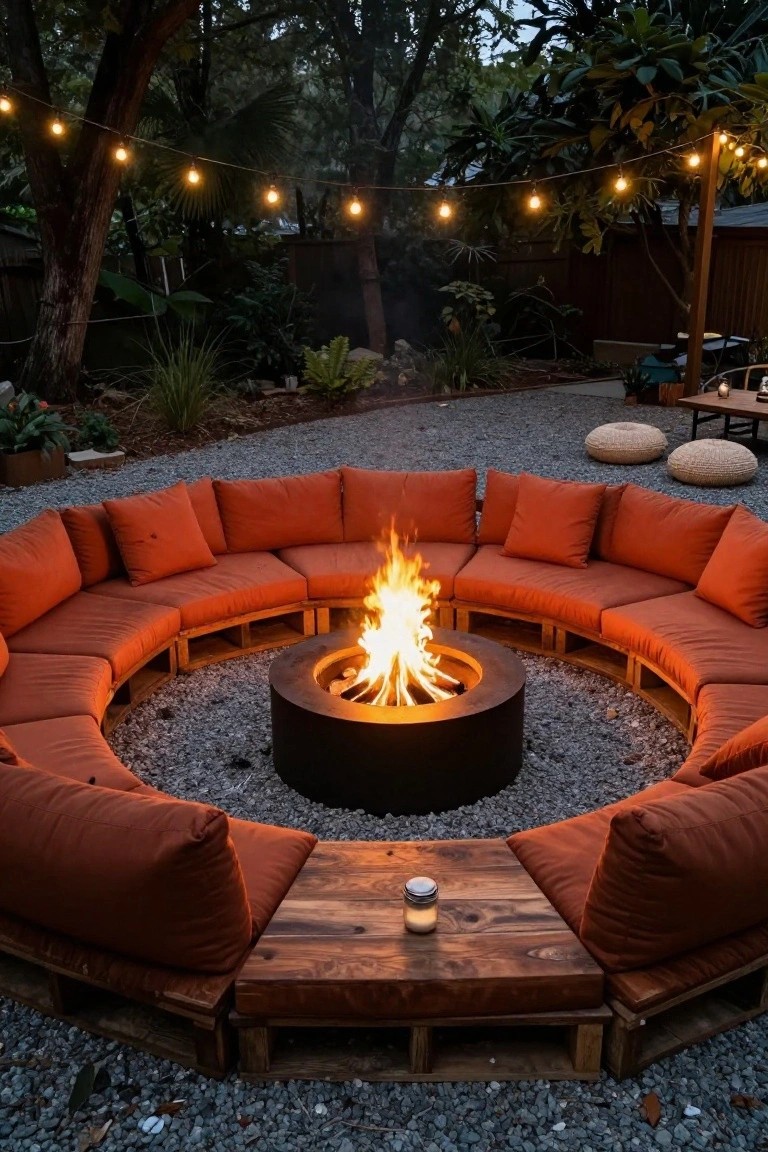 Circular outdoor seating made from wooden pallet frames with orange cushions surrounding a black metal fire pit with flames, set on gravel amid tropical plants, string lights, and woven poufs.