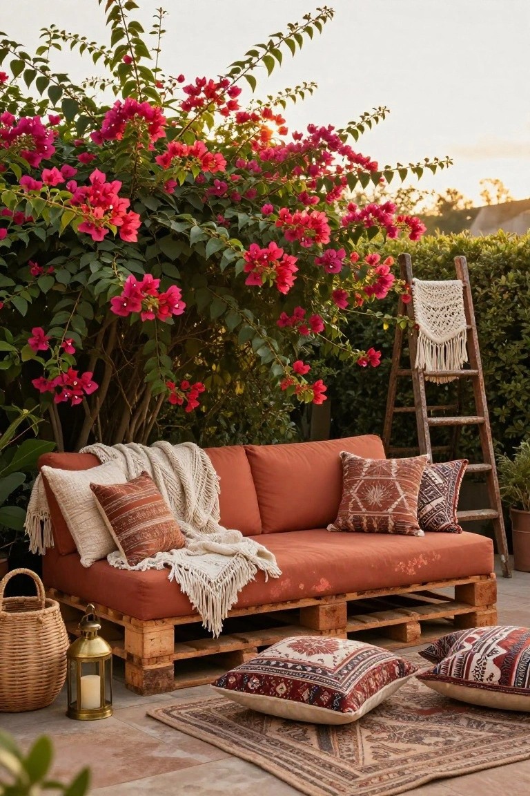 Wooden pallet couch with orange cushions, patterned pillows, white knit throws, floor cushions, brass lantern, woven baskets, and rug on a tiled patio surrounded by pink bougainvillea vines, greenery, and a wooden ladder draped with white macrame.