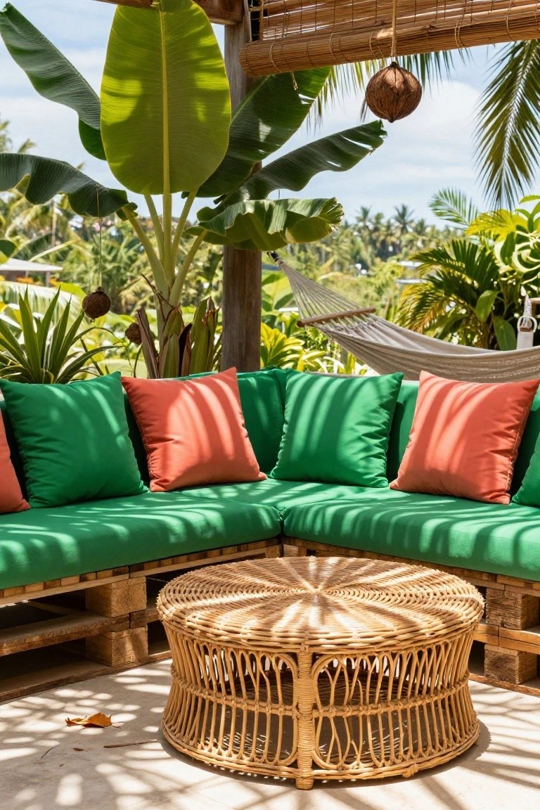 Outdoor L-shaped couch made from wooden pallets with green and orange cushions, round rattan table in front, hammock nearby, tropical plants and bamboo roof structure.