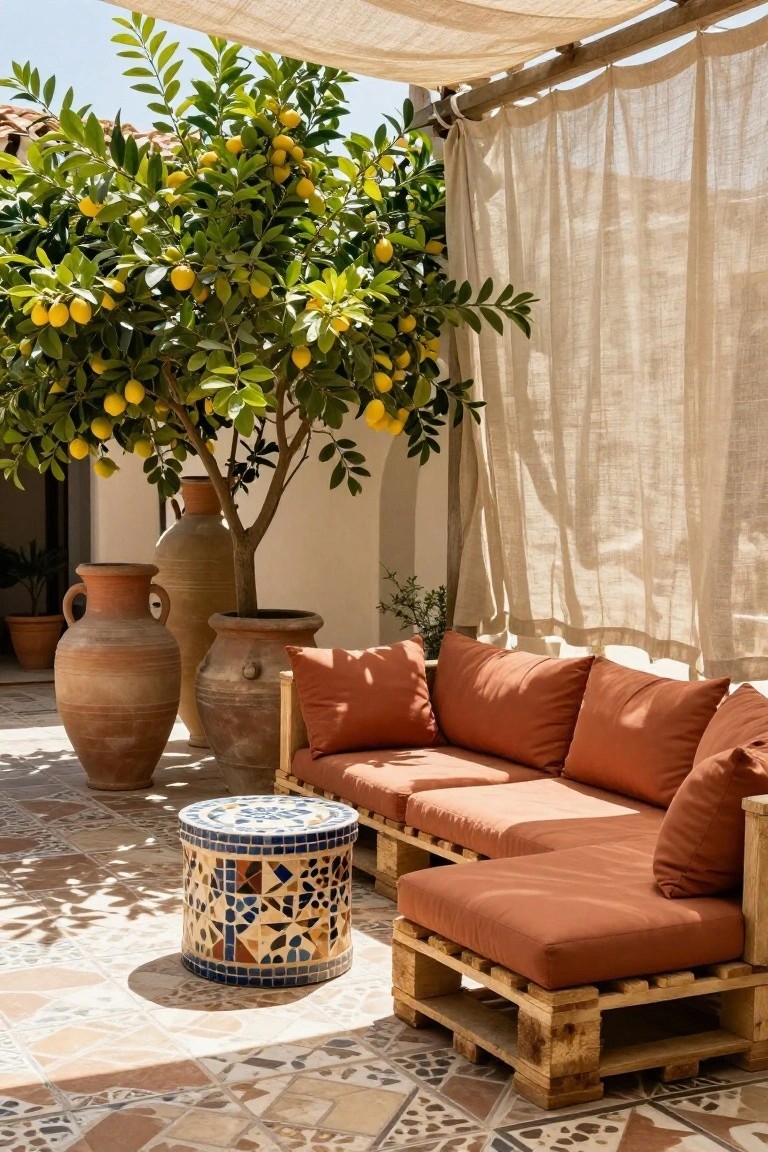 L-shaped outdoor couch built from wooden pallets with rust-colored cushions on a tiled patio, next to a lemon tree, terracotta pots, and beige draped shade cloth.