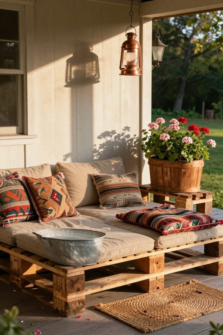 Wooden pallet couch on a covered porch with beige cushions, colorful patterned pillows, a galvanized metal tub, potted pink and red geraniums in a basket, hanging lanterns, and a woven rug on the deck.