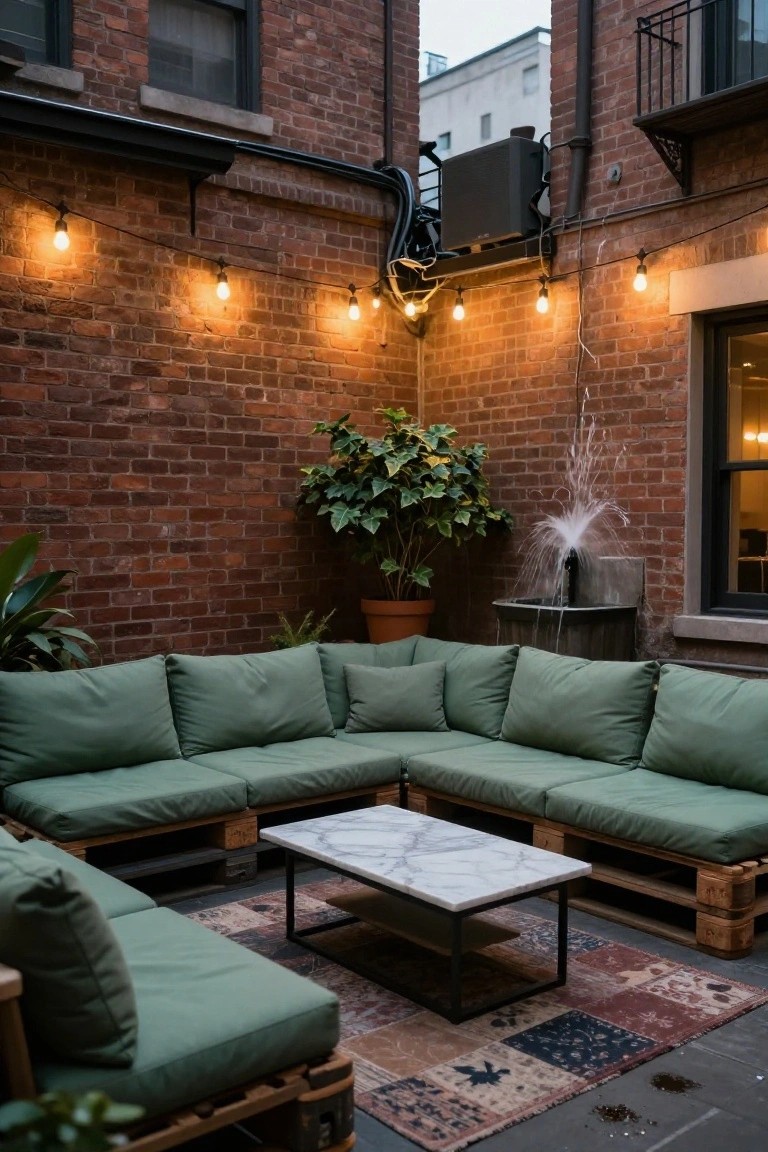 Corner outdoor couch built from stacked wooden pallets with green cushions, white marble coffee table, patterned rug, plants, fountain, and string lights in brick-walled courtyard.
