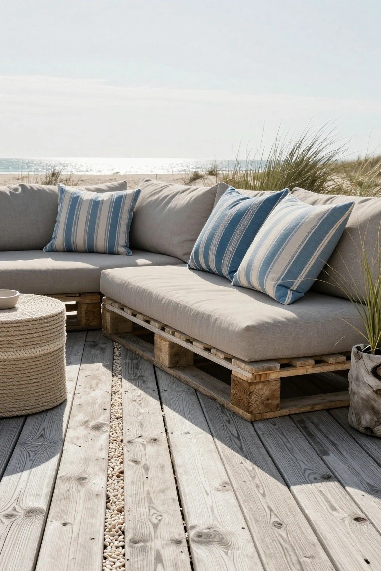 Gray corner couch built on wooden pallets on a deck near beach dunes and sea grass, with blue and white striped pillows, rope-wrapped round side table, small bowl, and potted plant.