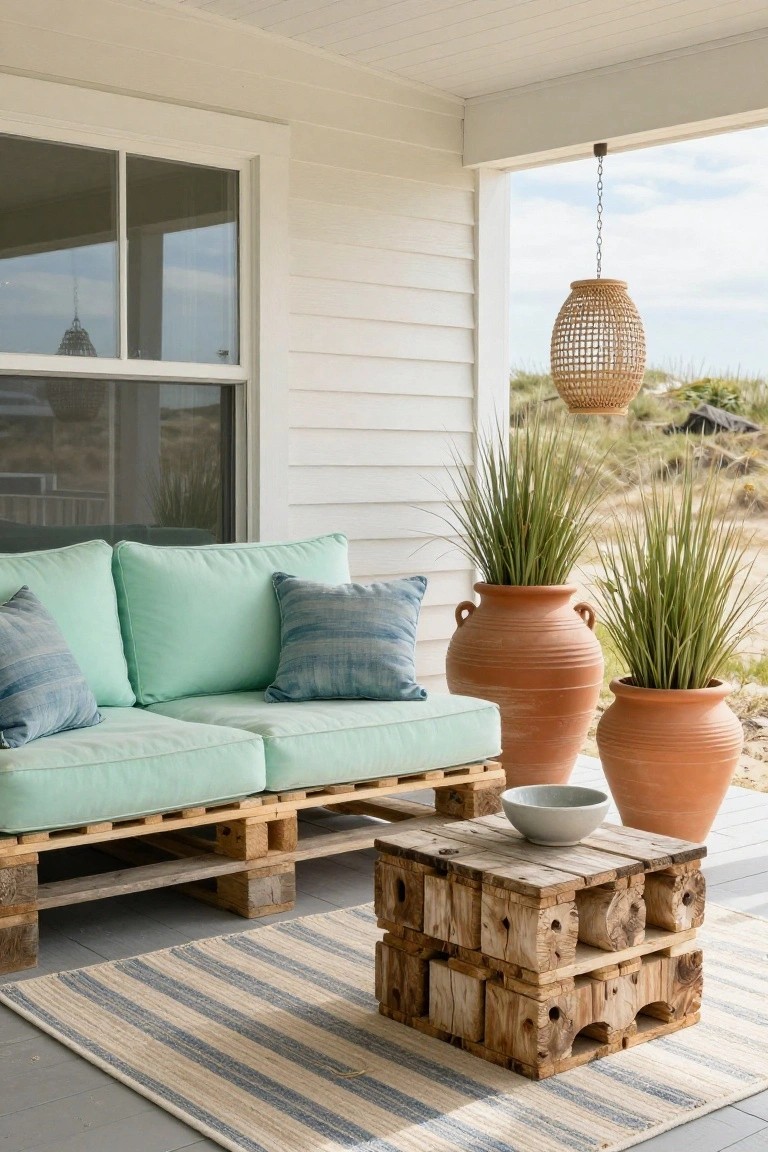 Outdoor porch with a mint green cushioned couch made from pallets, tall potted grasses in terracotta pots on either side, wooden pallet coffee table with a white bowl, striped rug on the floor, white shiplap walls, and view of sand dunes.