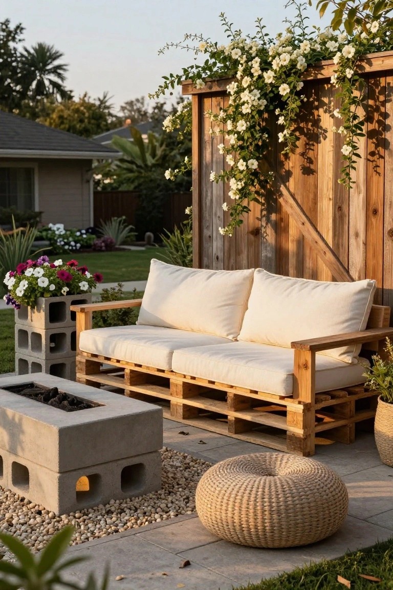Wooden pallet couch with white cushions on a concrete patio, concrete block fire pit in front, surrounded by plants, pebbles, and a vine-covered wooden fence.
