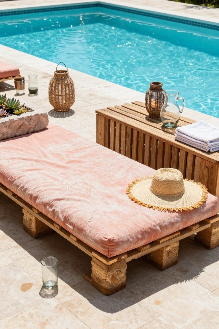 Outdoor daybed made from wooden pallets with pink cushions and a wide-brim hat on top, positioned beside a swimming pool with lanterns, plants, glasses, and towels on a nearby wooden bench.