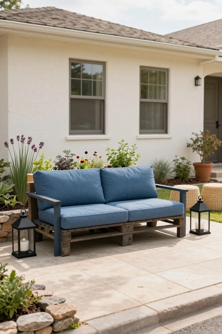 Blue cushioned loveseat built on wooden pallet frame sits on stone patio tiles next to white house exterior with two windows, surrounded by potted plants and flanked by black metal lanterns and wicker poufs.