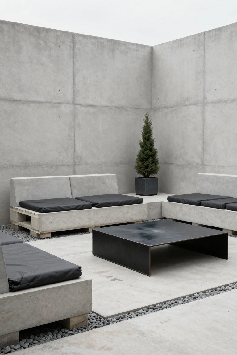 Outdoor lounge area featuring low sofas built on pallet bases with black cushions, a central black metal table, a potted fir tree, concrete walls, and gravel flooring.