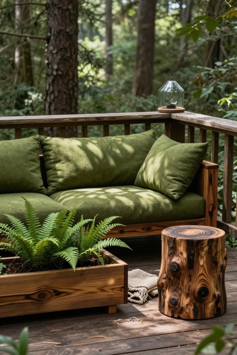 Wooden couch with green cushions on a deck in a forest, next to a tree stump stool, wooden fern planter, and glass dome lantern on a side table.