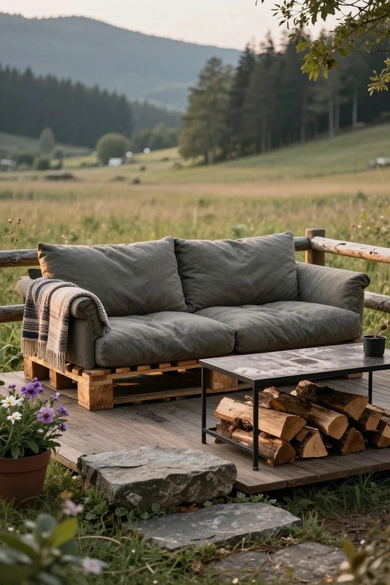 Gray cushioned couch built on wooden pallets on a deck, with plaid blanket draped over arm, low metal table with firewood stack, potted purple flowers nearby, green fields and forested mountains in background.