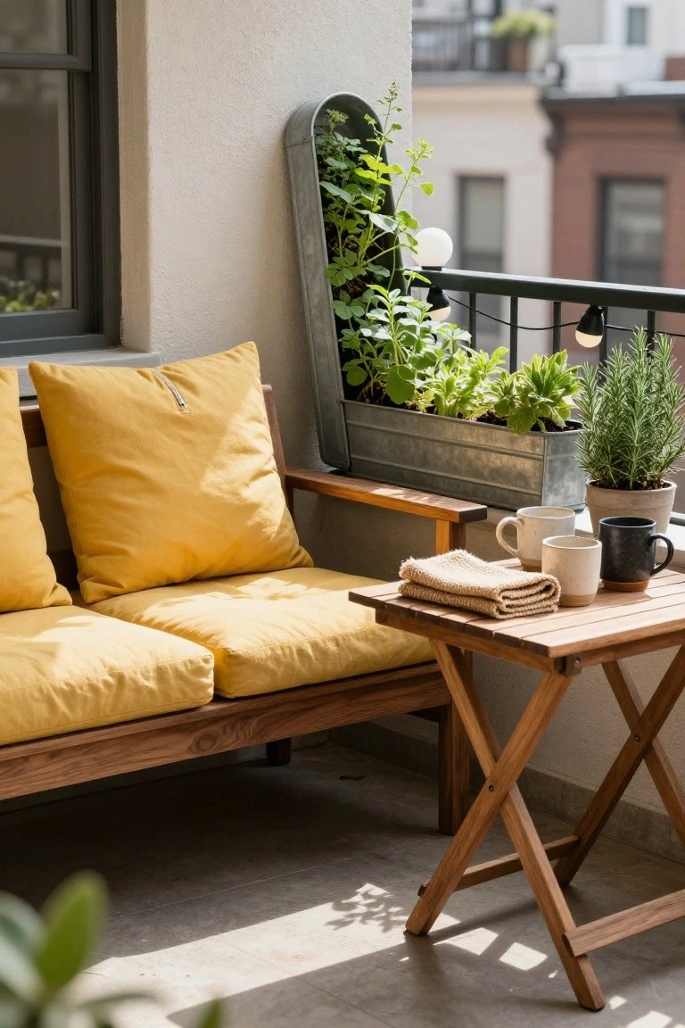 Balcony with yellow cushioned wooden two-seater couch, folding wooden side table holding two ceramic mugs, linen towel, black mug, metal wall-mounted planter filled with green herbs, potted rosemary plant, string lights on black railing, urban buildings in background.