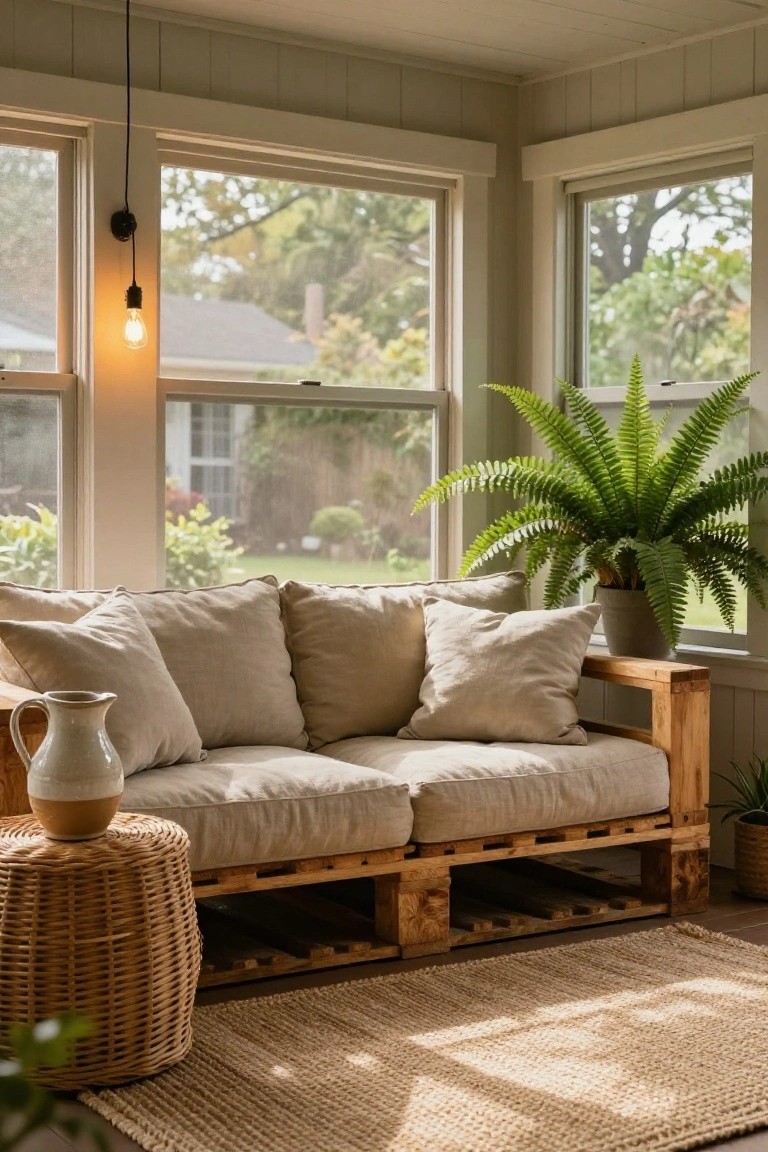 Beige linen couch on wooden pallet base in a light-filled room with large windows overlooking a garden, wooden armrest table, wicker side table with pitcher, potted fern, and seagrass rug.
