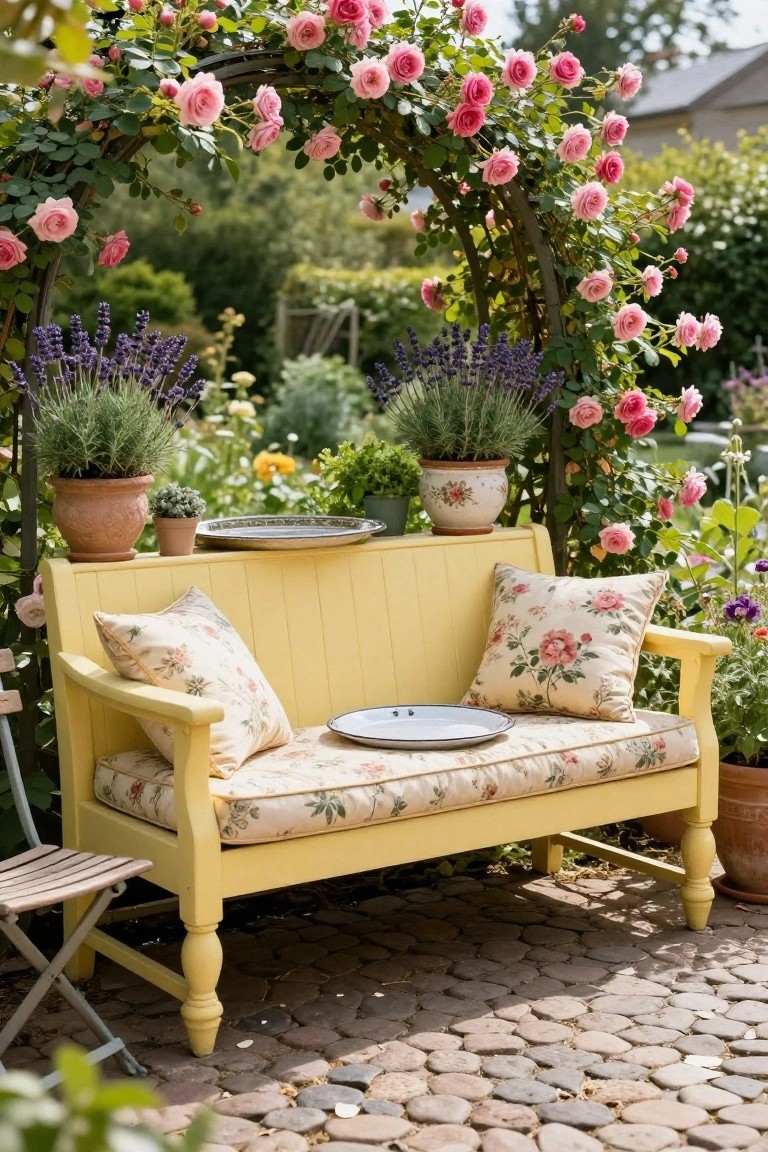 A yellow wooden bench with white and pink floral cushions sits under a metal arch covered in pink climbing roses, surrounded by potted lavender and other plants on a cobblestone patio path.