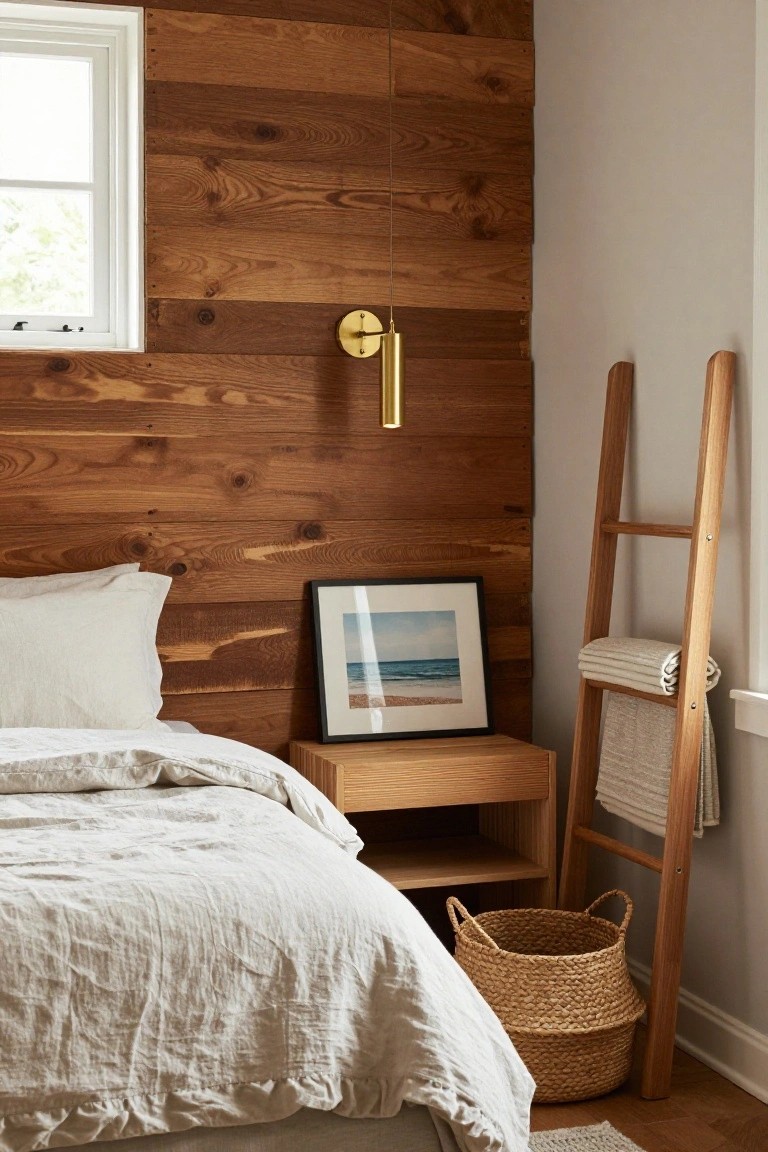 Corner of a bedroom with vertical wood plank accent wall, white bed linens, wooden nightstand, ladder shelf holding folded blankets and a basket, gold pendant light, and framed beach photo.