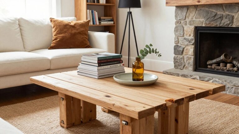 Living room corner featuring a stone fireplace, two white sofas with green and gray pillows, a pallet wood coffee table on wheels with stacked books and a white plate on top, eucalyptus in a glass vase, and a black floor lamp on a beige rug.