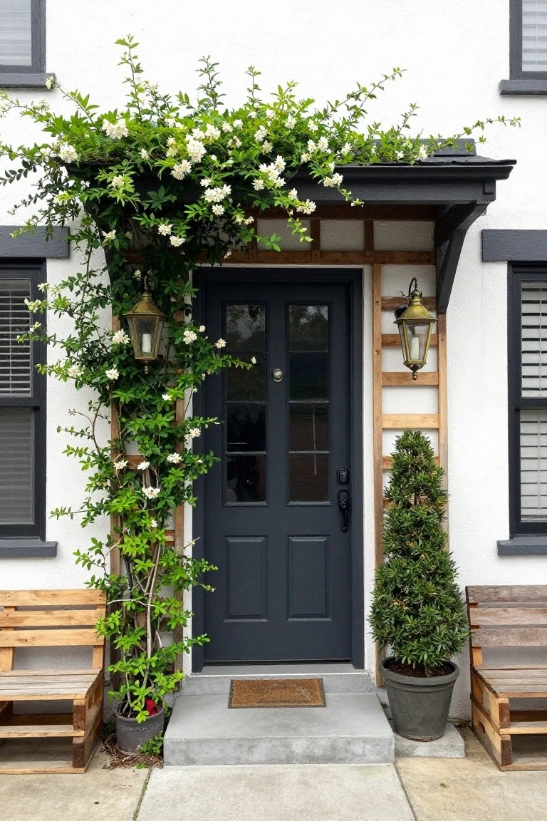 White house facade with dark wood front door under a small porch, brass lanterns on walls, climbing white flowers on wooden pallet trellis to the left, potted topiary plant to the right, and wooden pallet benches flanking the concrete entry steps.