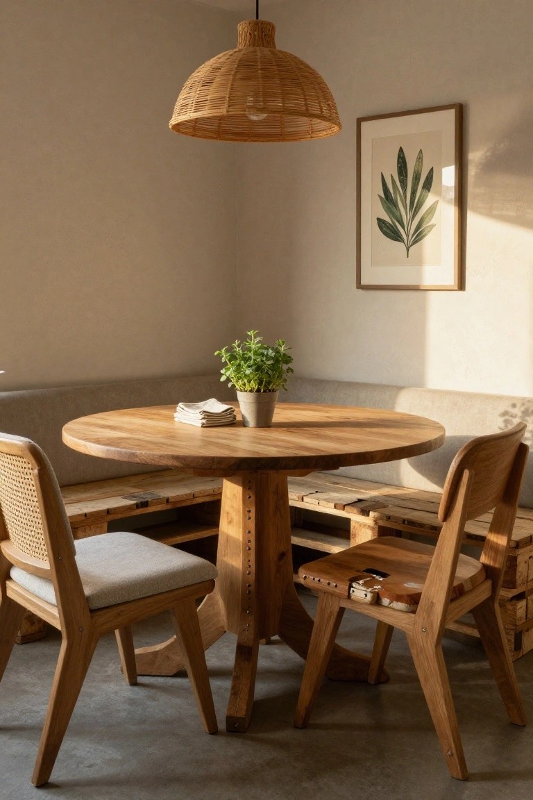 Indoor corner dining area with round wooden table on pallet-like base, benches built from pallets with gray cushions, two rattan chairs with white cushions, potted green plant, folded napkins, wall art of green leaf print, and hanging rattan lamp above.