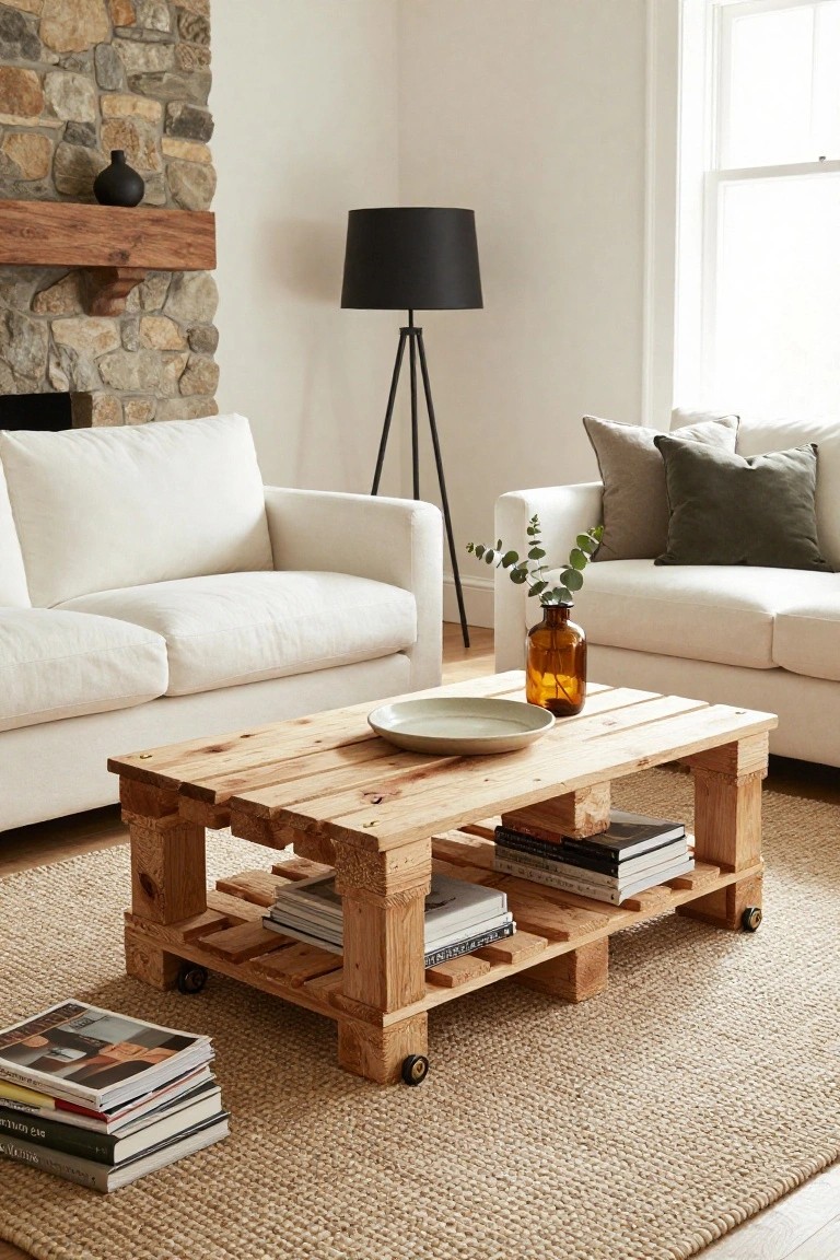 Living room corner featuring a stone fireplace, two white sofas with green and gray pillows, a pallet wood coffee table on wheels with stacked books and a white plate on top, eucalyptus in a glass vase, and a black floor lamp on a beige rug.