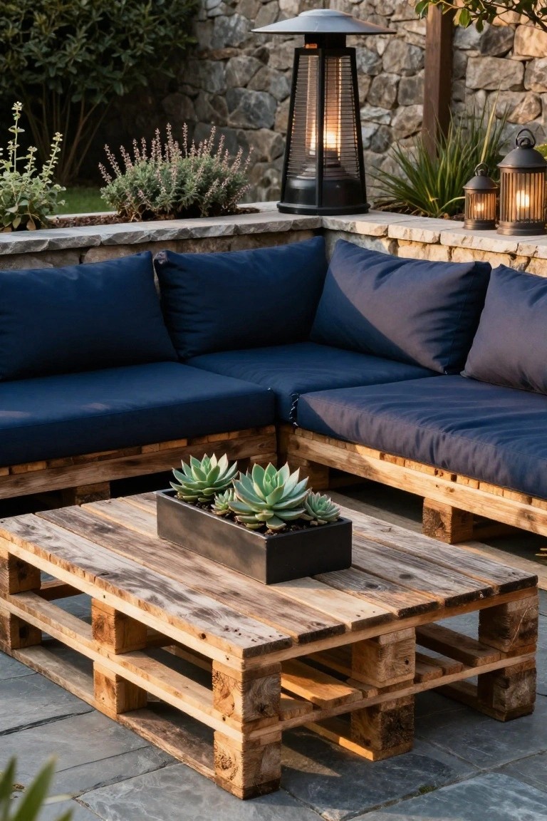 L-shaped outdoor sofa made from wooden pallets with blue cushions, pallet coffee table with black planter of succulents, stone wall background, lanterns, and garden plants on a paved patio.