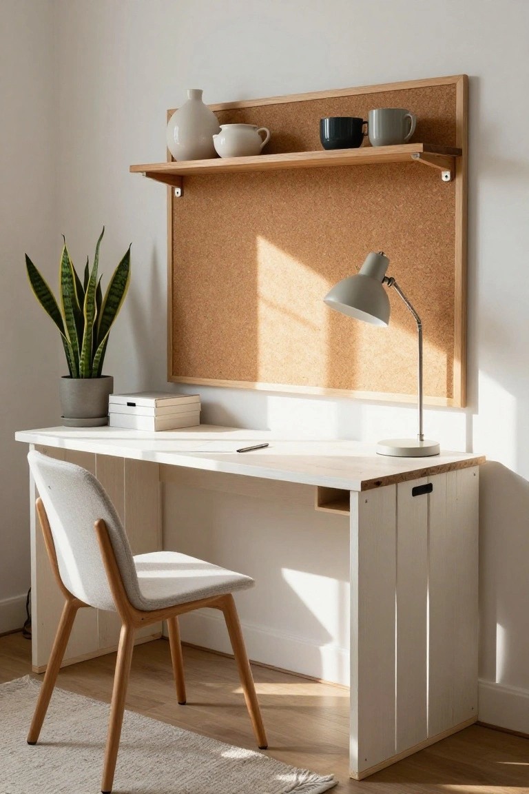 White desk with pallet wood base and slatted sides in a bright room corner, corkboard on wall with wooden shelf holding ceramics, desk lamp, snake plant in gray pot, and wooden chair.
