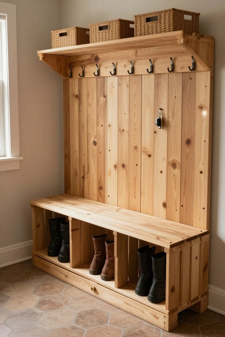 Wooden pallet-style entryway unit with coat hooks on top, bench seat, open cubbies holding boots, and wicker baskets on shelves above, against a light wall in a room with hex tile floor.