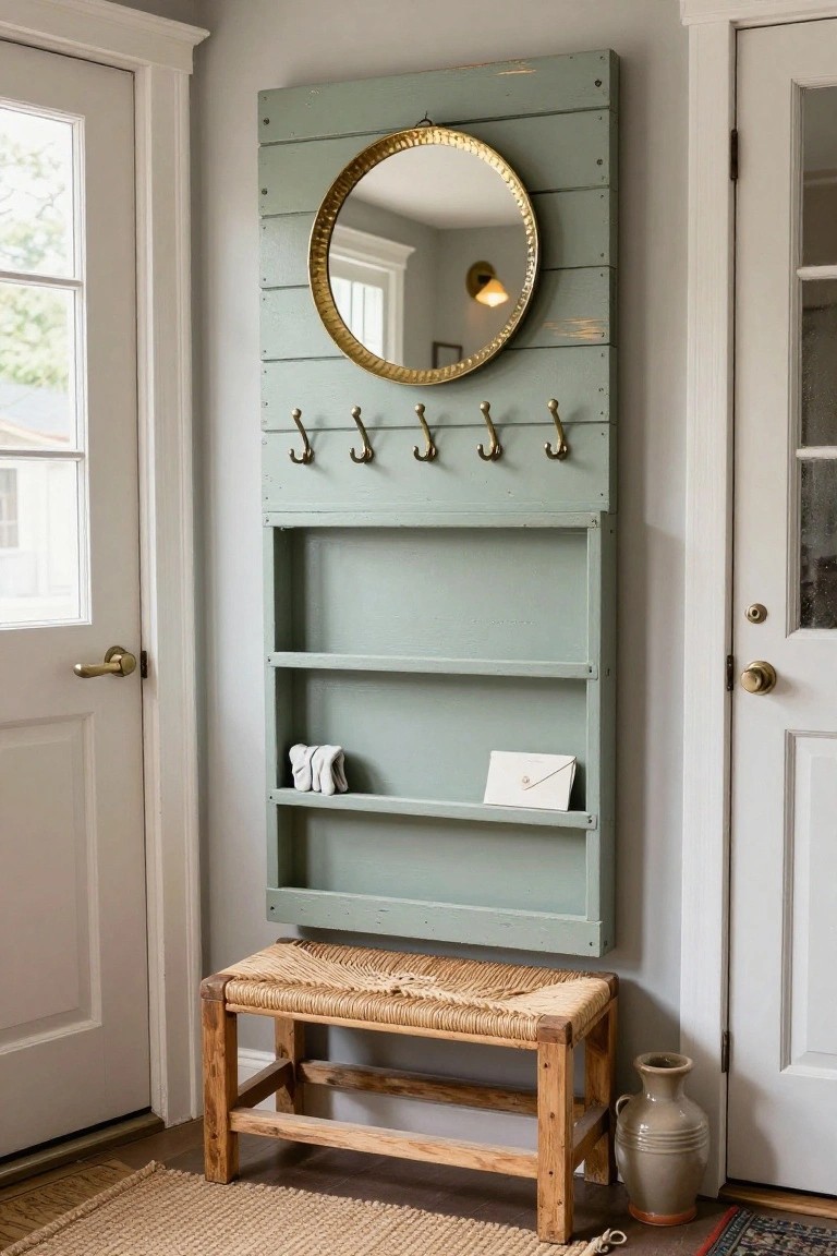 Tall seafoam green painted wooden wall-mounted unit with round brass-framed mirror at top, five brass hooks below, three open shelves with white gloves and envelope on lower shelf, next to white doors with wicker bench, rugs, and vase at base in entryway.