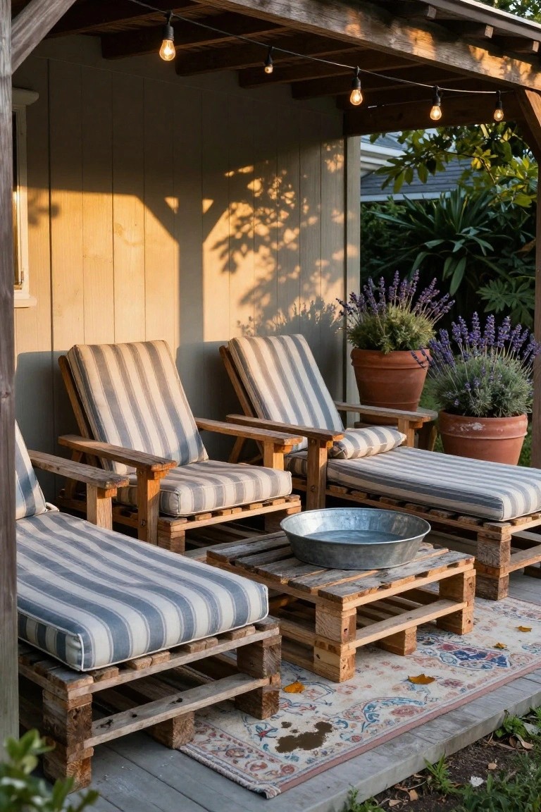 Wooden pallet lounge chairs, sofa, and coffee table with striped cushions under a covered outdoor structure, with potted lavender plants, string lights, and a terracotta pot on a concrete patio.