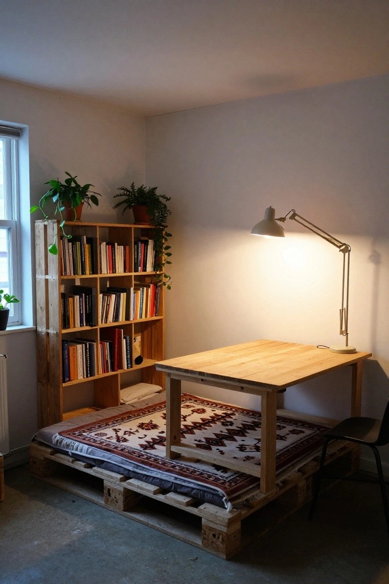 Indoor room corner with wooden pallet platform bed topped by mattress and rug, wooden table and chair, open wooden bookshelf with books and plants, adjustable lamp, and window with plants.