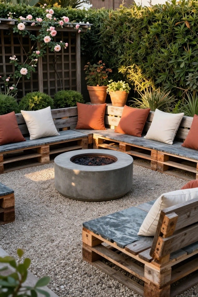 Outdoor gravel patio featuring wooden pallet benches and a lounge chair with orange and white cushions arranged in a U-shape around a round concrete fire pit, backed by greenery and climbing roses on a trellis.