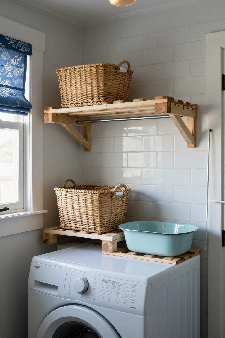 Laundry room with wooden pallet shelves holding wicker baskets above a white front-loading washing machine, white subway tile walls, blue window shade, and a turquoise enamel basin on a wooden platform.